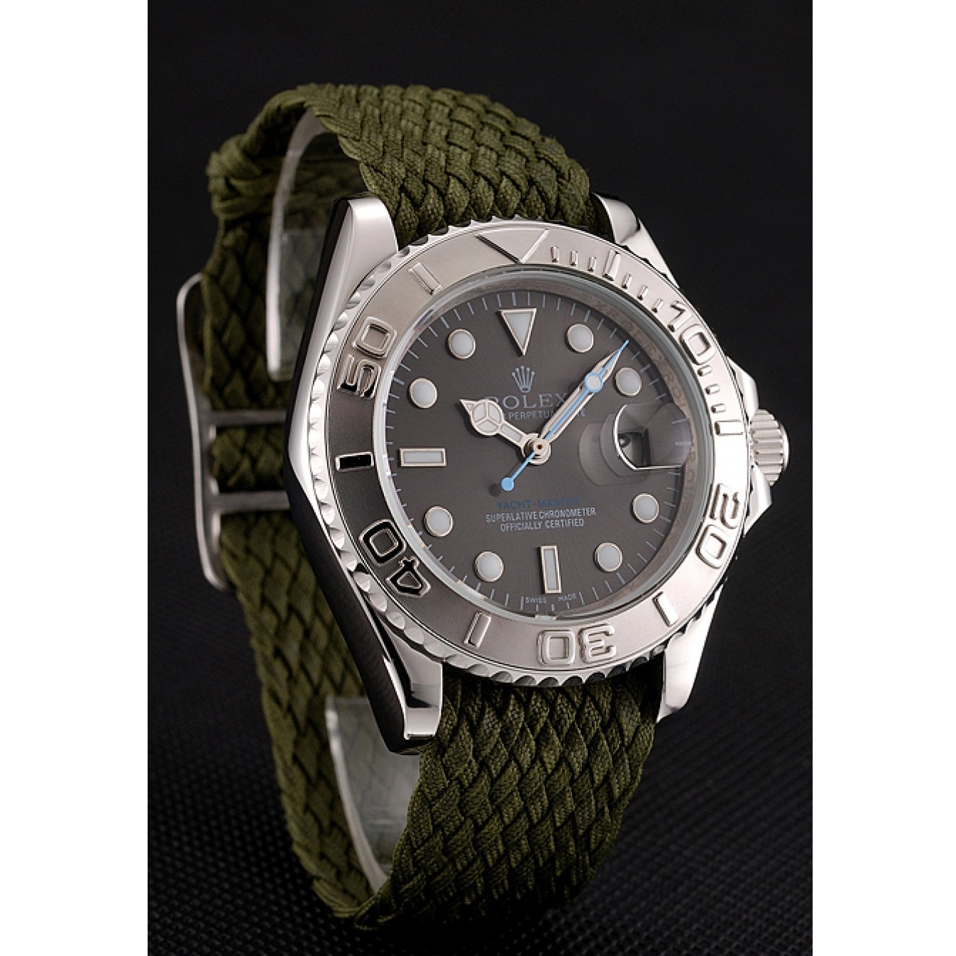 Aaa replica watch Master Dial Green Rolex Green Yacht Fabric Bracelet 1453869 0818